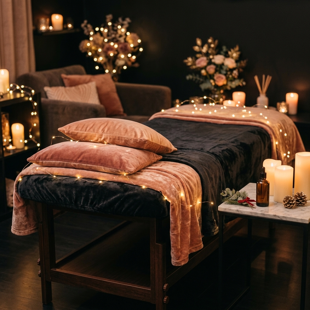 Massage table dressed with a rose throw, velvet pillows and fairy lights