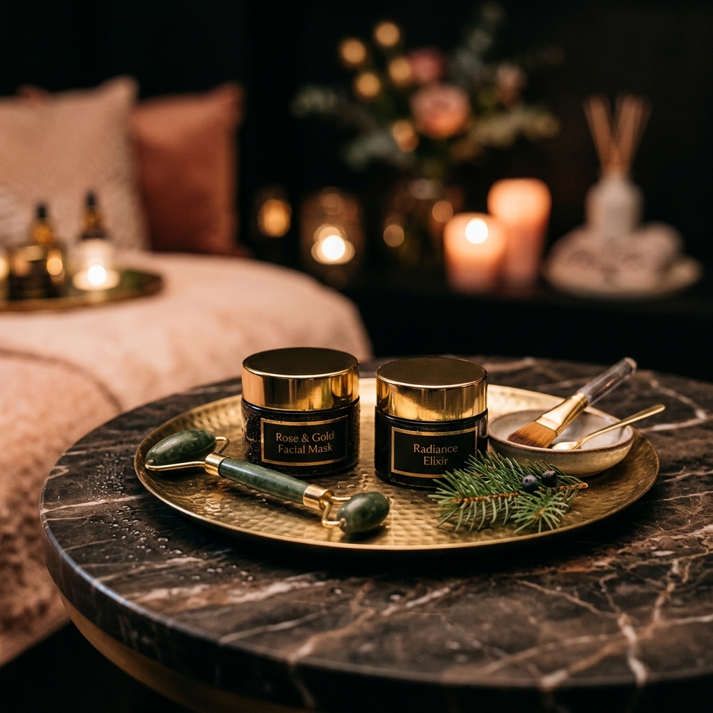 Skincare jars, a jade roller and a brush arranged on a brass tray