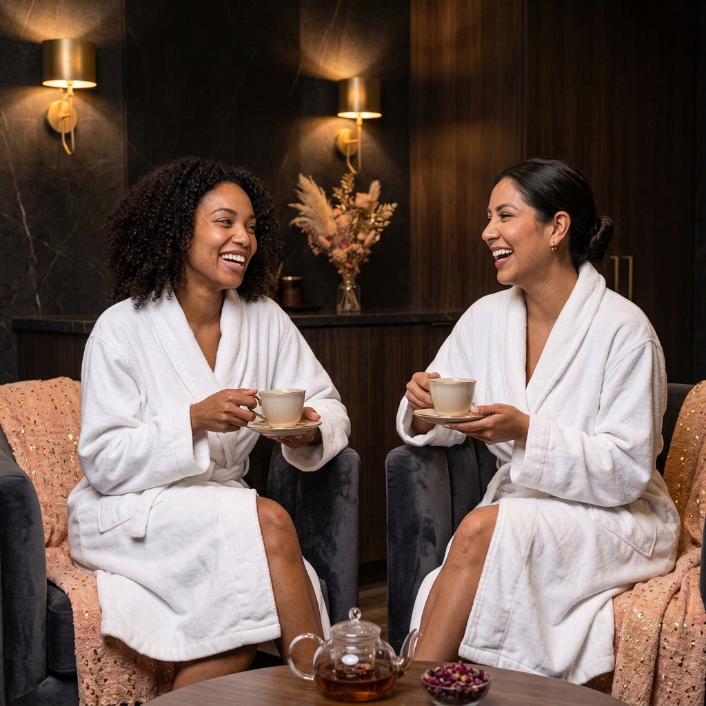 Two clients in white robes laughing together over tea