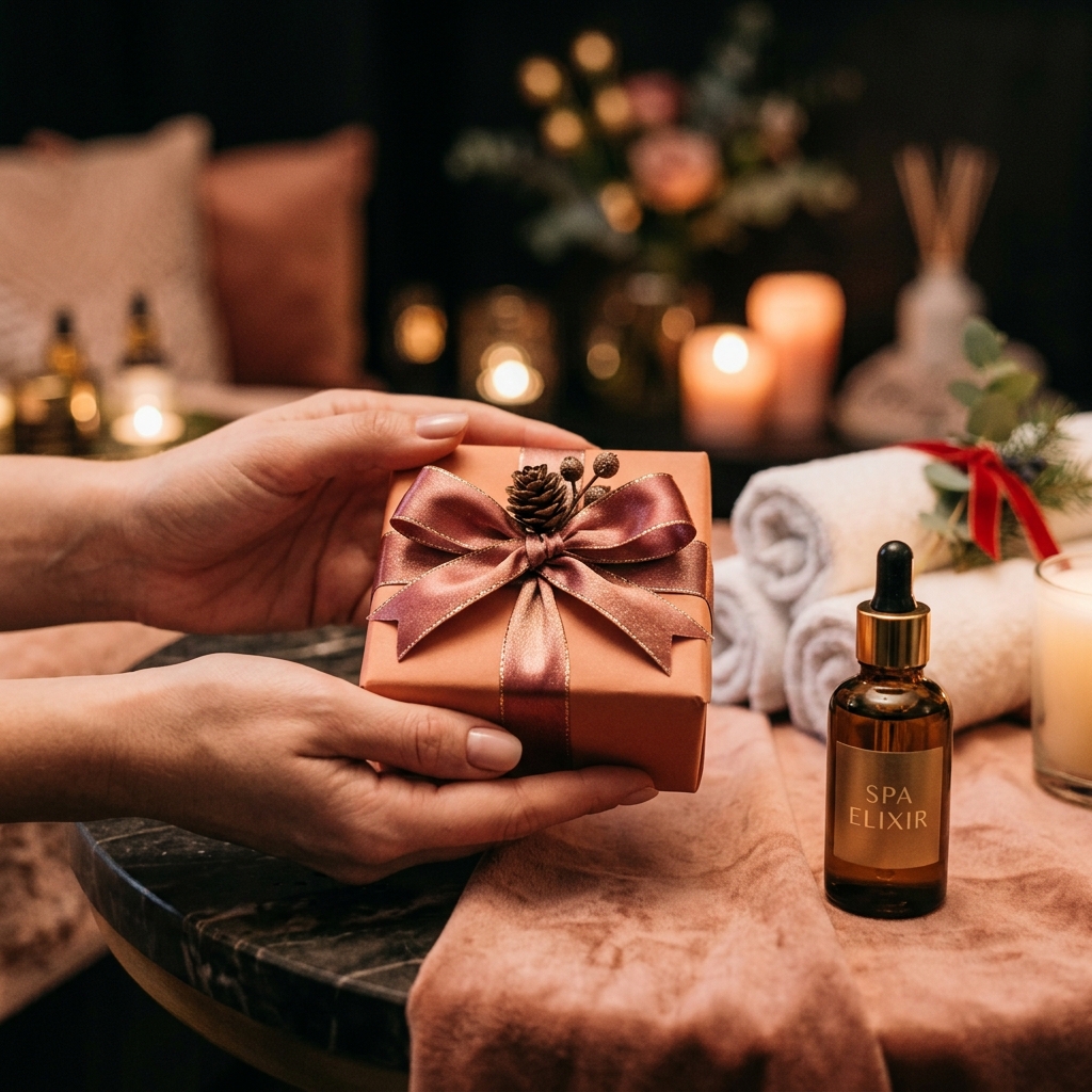 Hands holding a wrapped gift box with a satin bow beside an amber serum bottle
